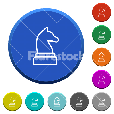 White chess knight beveled buttons - White chess knight round color beveled buttons with smooth surfaces and flat white icons