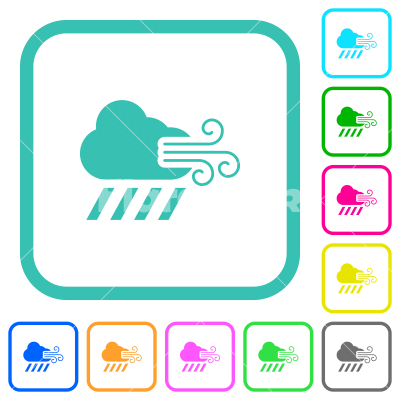 Windy and downpour weather vivid colored flat icons - Windy and downpour weather vivid colored flat icons in curved borders on white background