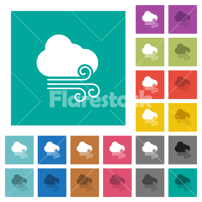Windy weather square flat multi colored icons - Windy weather multi colored flat icons on plain square backgrounds. Included white and darker icon variations for hover or active effects.