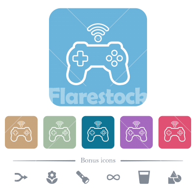 Wireless game controller outline flat icons on color rounded square backgrounds - Wireless game controller outline white flat icons on color rounded square backgrounds. 6 bonus icons included
