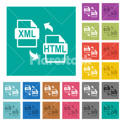 XML HTML file conversion square flat multi colored icons - XML HTML file conversion multi colored flat icons on plain square backgrounds. Included white and darker icon variations for hover or active effects.