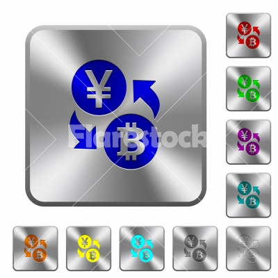 Yen Bitcoin money exchange rounded square steel buttons - Yen Bitcoin money exchange engraved icons on rounded square glossy steel buttons
