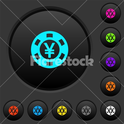 Yen casino chip dark push buttons with color icons - Yen casino chip dark push buttons with vivid color icons on dark grey background