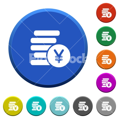 Yen coins beveled buttons - Yen coins round color beveled buttons with smooth surfaces and flat white icons