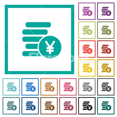 Yen coins flat color icons with quadrant frames - Yen coins flat color icons with quadrant frames on white background