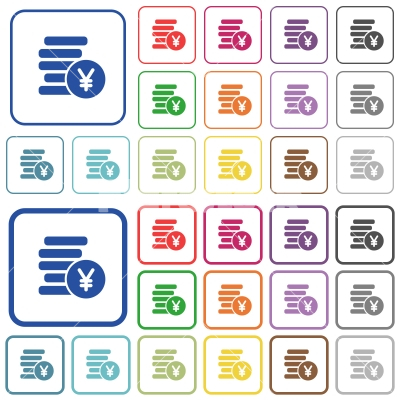 Yen coins outlined flat color icons - Yen coins color flat icons in rounded square frames. Thin and thick versions included.