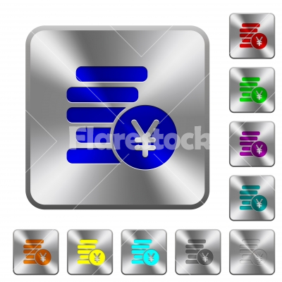Yen coins rounded square steel buttons - Yen coins engraved icons on rounded square glossy steel buttons
