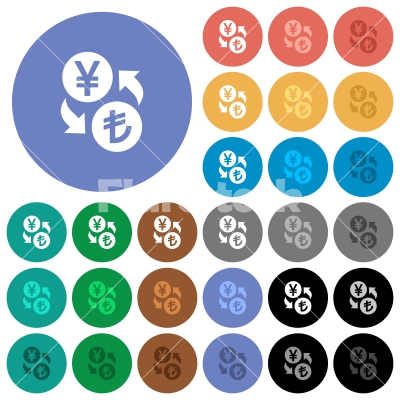 Yen Lira money exchange round flat multi colored icons - Yen Lira money exchange multi colored flat icons on round backgrounds. Included white, light and dark icon variations for hover and active status effects, and bonus shades on black backgounds.