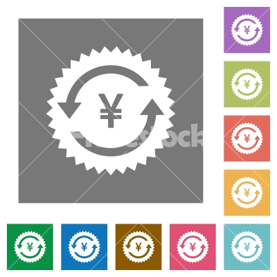 Yen pay back guarantee sticker square flat icons - Yen pay back guarantee sticker flat icons on simple color square backgrounds