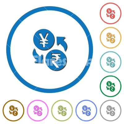 Yen Rupee money exchange icons with shadows and outlines - Yen Rupee money exchange flat color vector icons with shadows in round outlines on white background